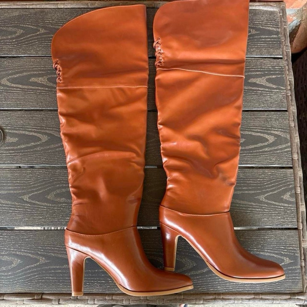 Coutgo Womens Thigh High Boots Pointed Toe Chunky Heel Wide Calf - Picture 2 of 8